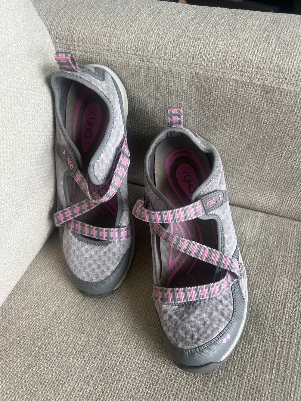 Ryka Gray and Pink Women's Athletic Cross-Strap Sneakers